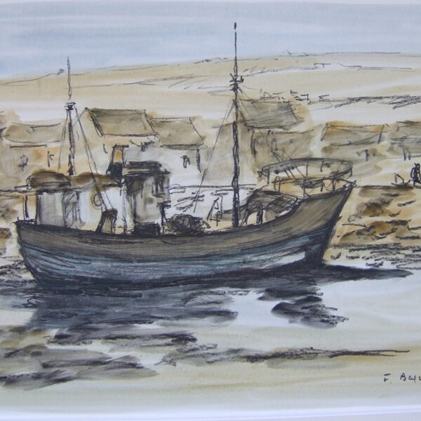 80 Chalutier à quai<br>Aquarelle et fusain 1976<br>43 x 61 cm<br>Galerie Beyrouti Honfleur