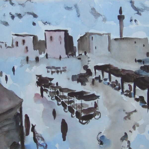 90 Le marché bleu<br>ca 1972<br>32 x 45.5 cm<br>Galerie Beyrouti Honfleur