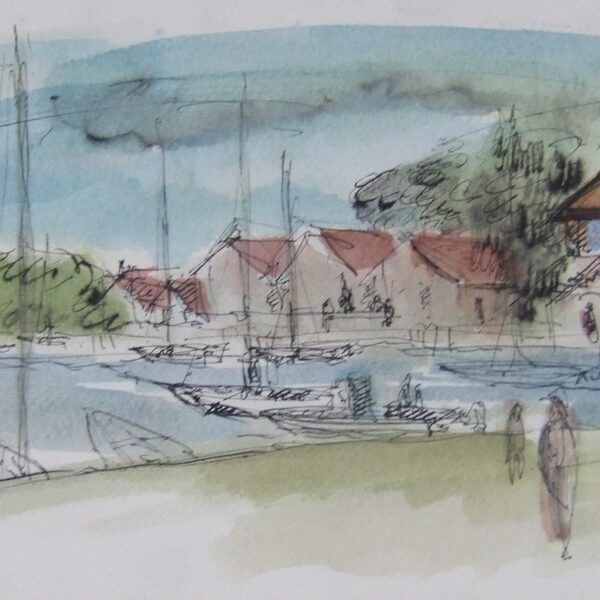 95 le pont 2<br>aq. et encre de ch.<br>à la plume 1973<br>18.5 x 44 cm<br>galerie Beyrouti